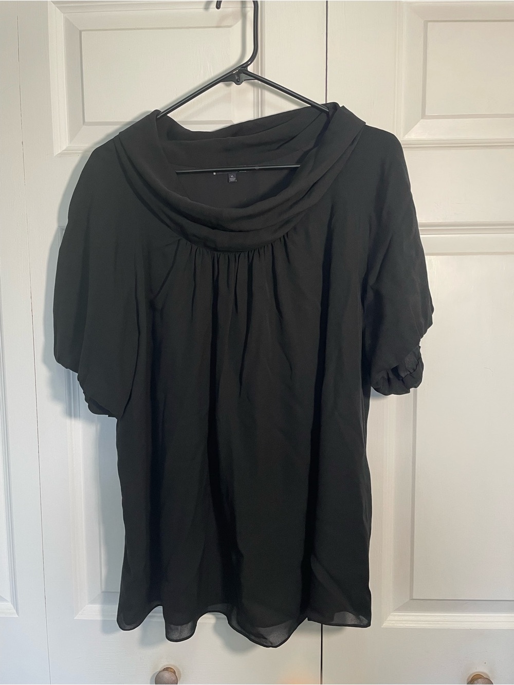 Anne Klein Black Silk Cowl-Neck Short Puff Sleeve Blouse